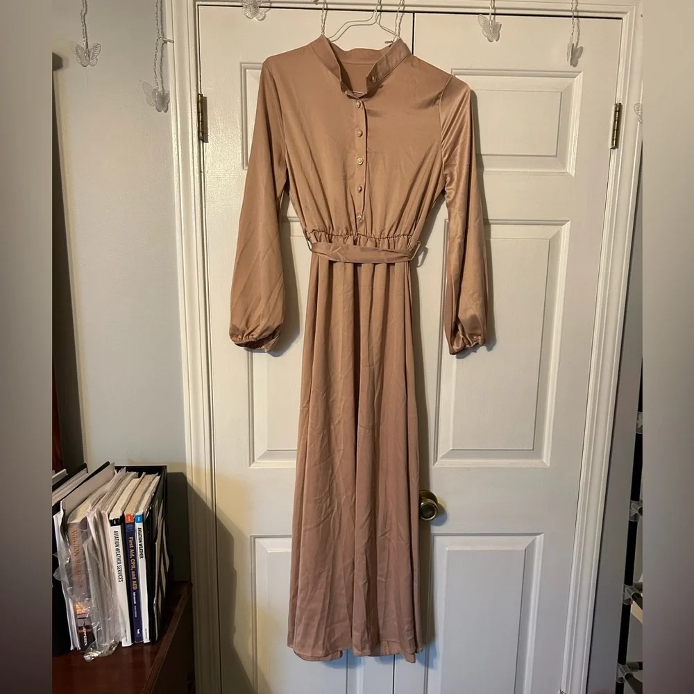Pink Silk Dress with Pearl Buttons and Sash - Picture 2 of 4